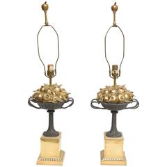 Retro Pair of Brass and Iron Apple Basket Lamps by Chapman
