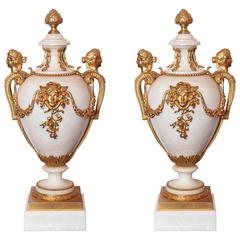 Pair of 19th Century French Carrera Marble and Gilt Bronze Urns