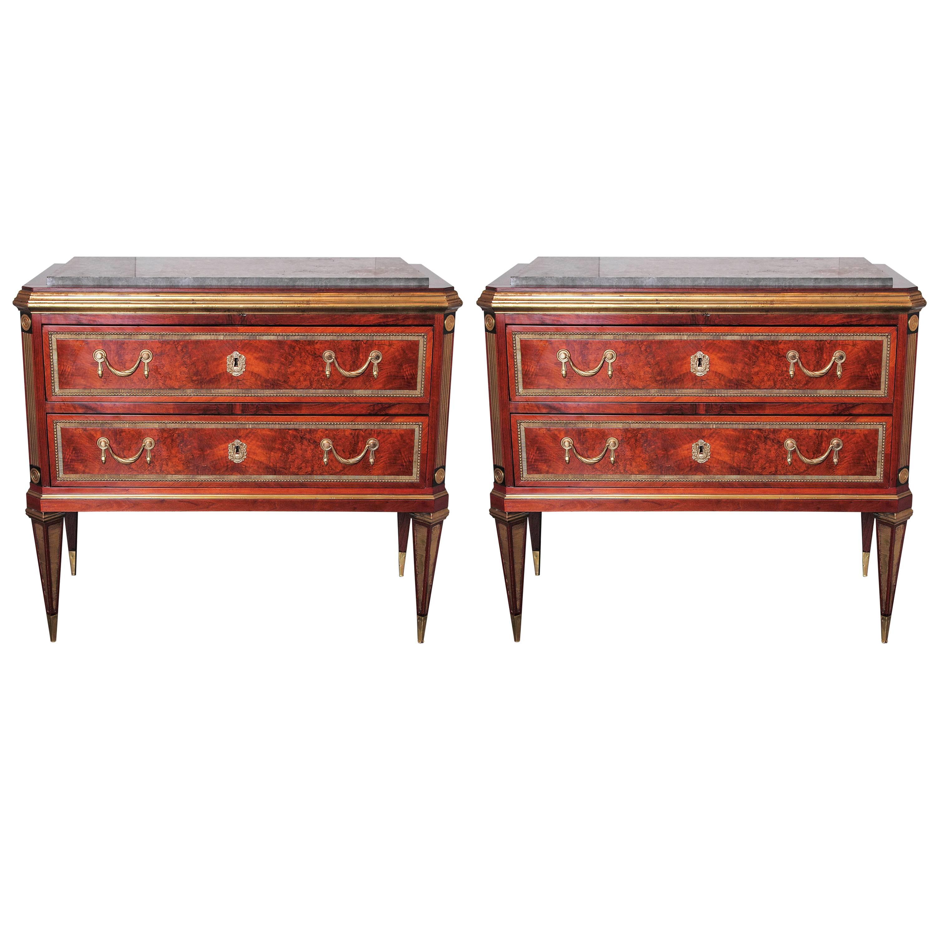 19th Century Russian Mahogany Pair of Commodes, Marble Top