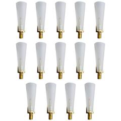 Big Set of 14 Brass and White Glass Wall Sconces