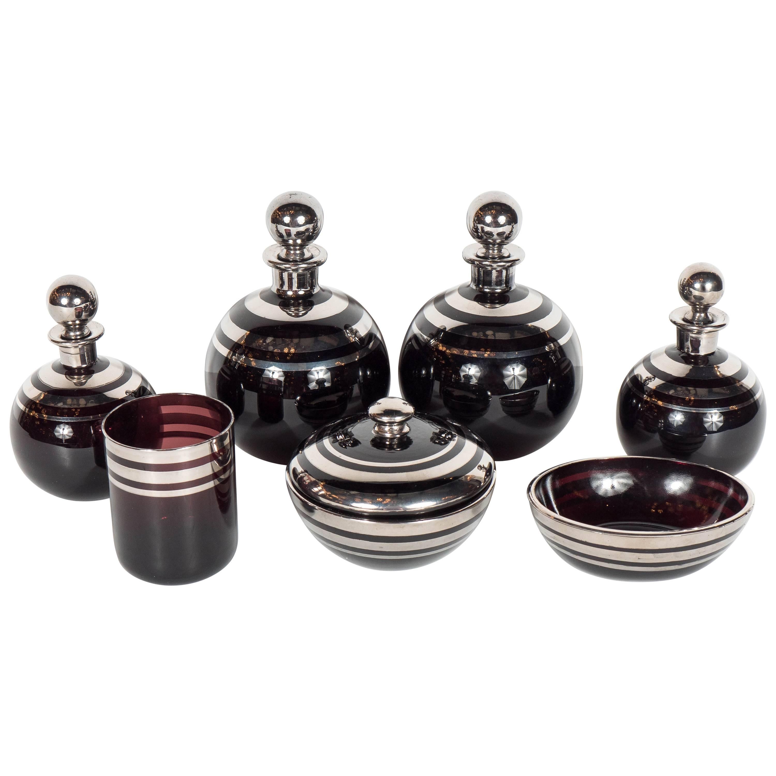 Stunning Art Deco Vanity Set in Dark Amethyst Glass with Sterling ...