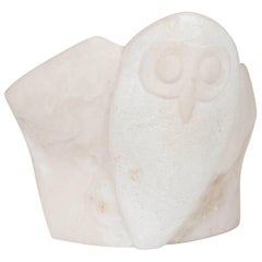 Owl Sculpture in Carved Marble, Signed and Dated