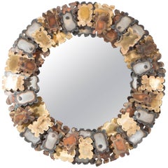 Round Brutalist Wall Mirror with Mixed Metal Frame in the Style of Silas Seandel