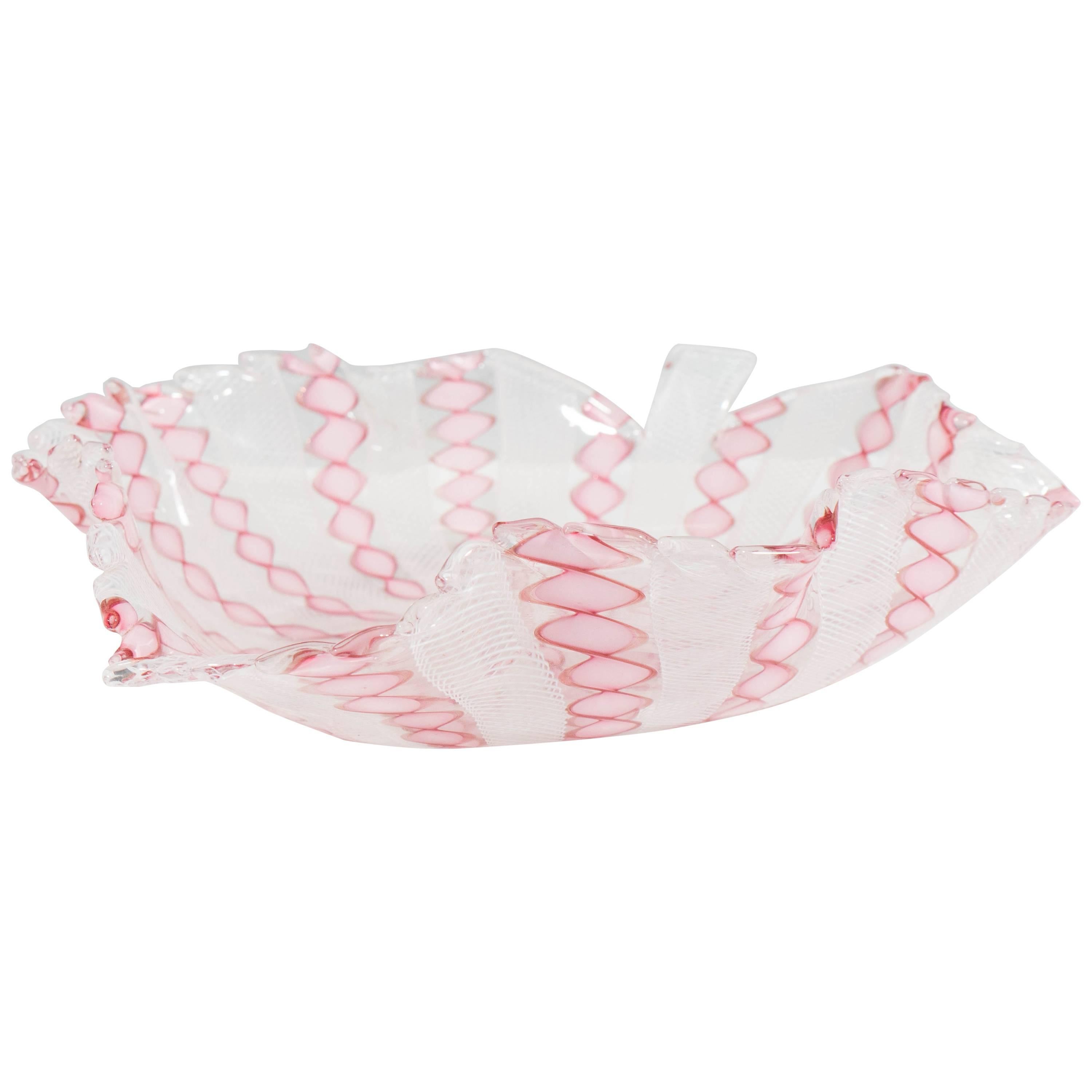 Mid-Century Handblown Murano Glass Leaf Bowl with Pink and White Latticino