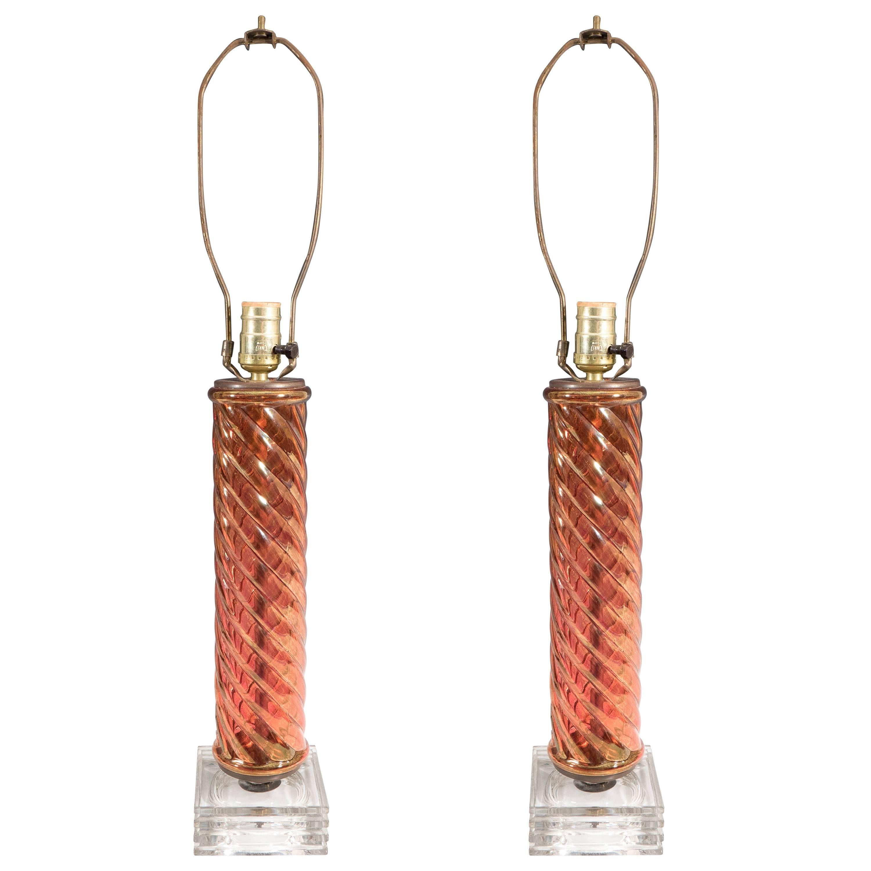 Pair of Glass Serpentine Column Lamps in Iridescent Amber on Glass Bases