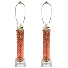 Pair of Glass Serpentine Column Lamps in Iridescent Amber on Glass Bases