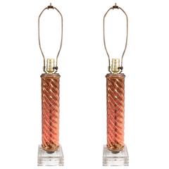 Pair of Glass Serpentine Column Lamps in Iridescent Amber on Glass Bases 9