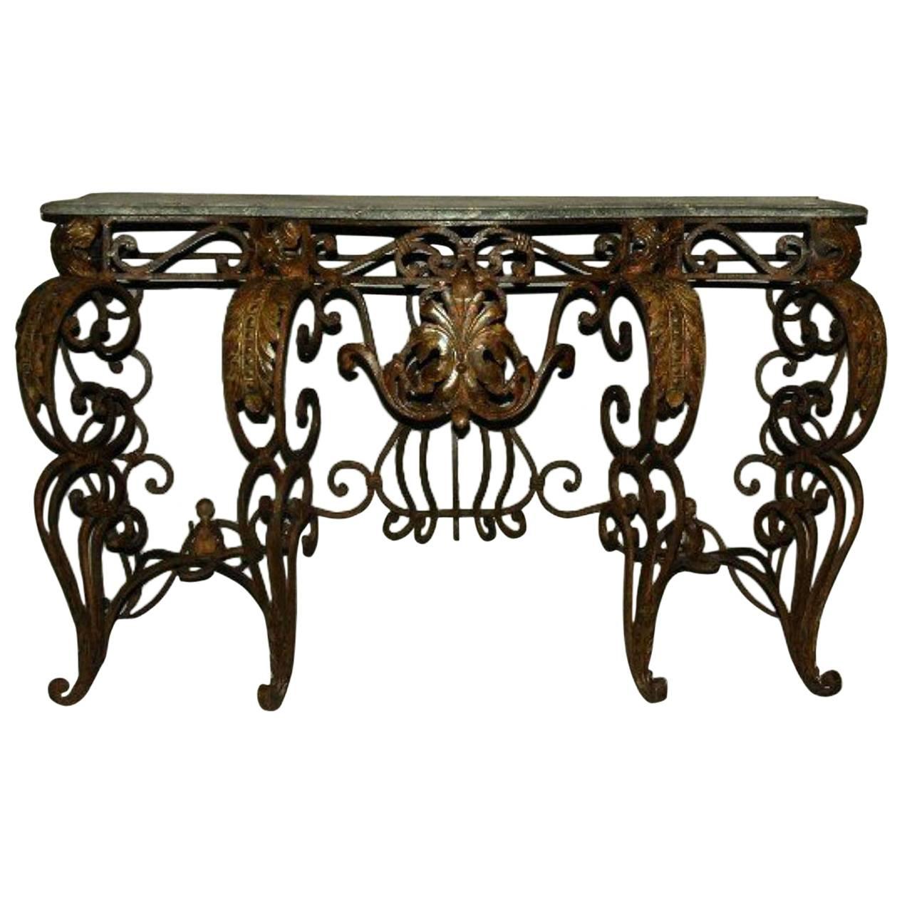 French Wrought Iron and Verde Marble Top Console Table