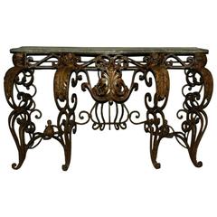 French Wrought Iron and Verde Marble Top Console Table
