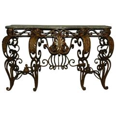 French Wrought Iron and Verde Marble Top Console Table