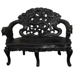 Antique 19th Century Chinese Carved Hardwood Dragon Bench