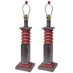 Pair of Monumental Hand-Painted Wooden Midcentury Lamps, 1960s, USA 11