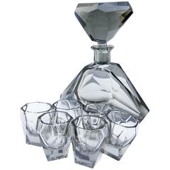 Smoked Glass Faceted 1960s Decanter Set with Six Glasses