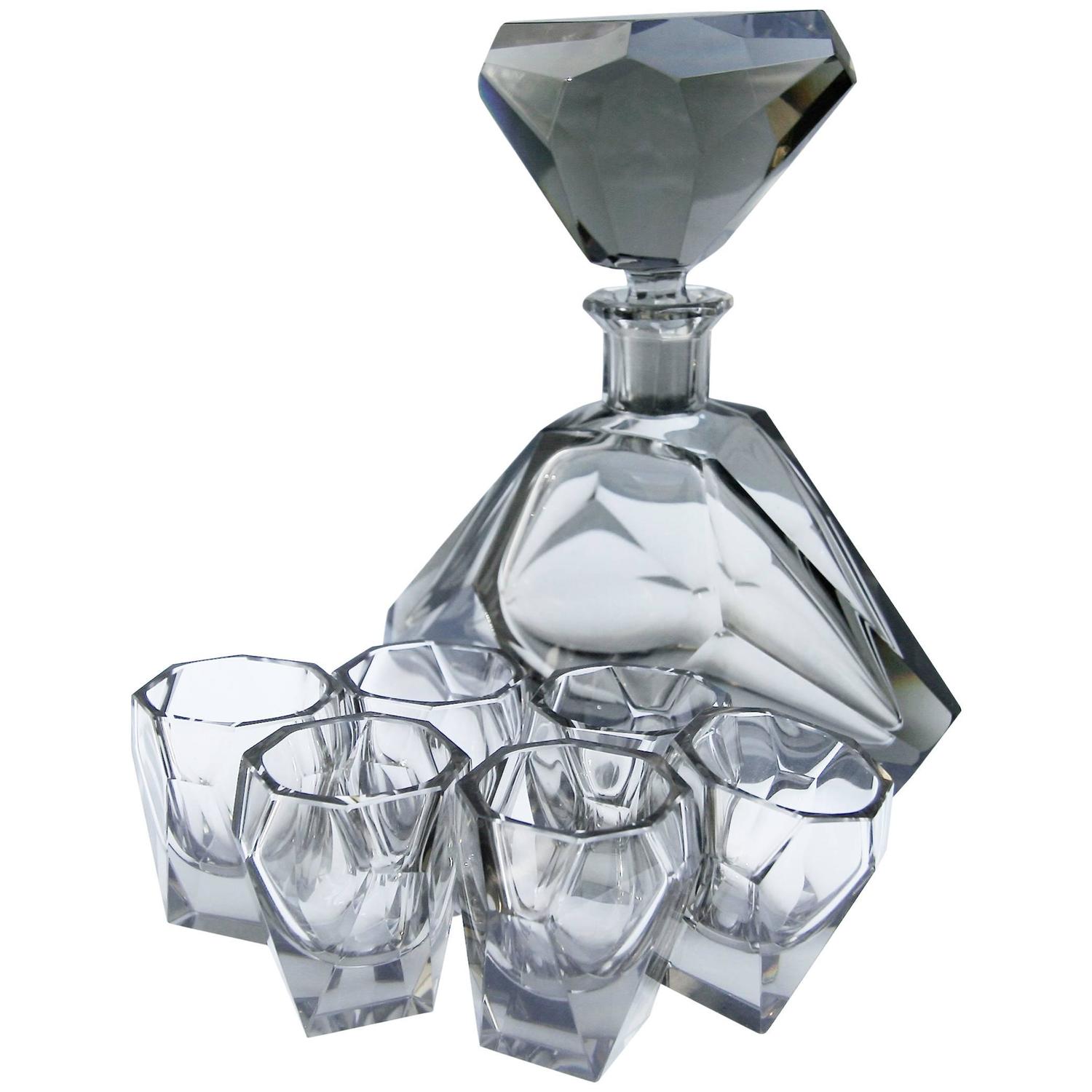 Smoked Glass Faceted 1960s Decanter Set with Six Glasses For Sale at 1stdibs