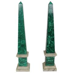 Great Matched Pair of Malachite Obelisks with White Marble Bases