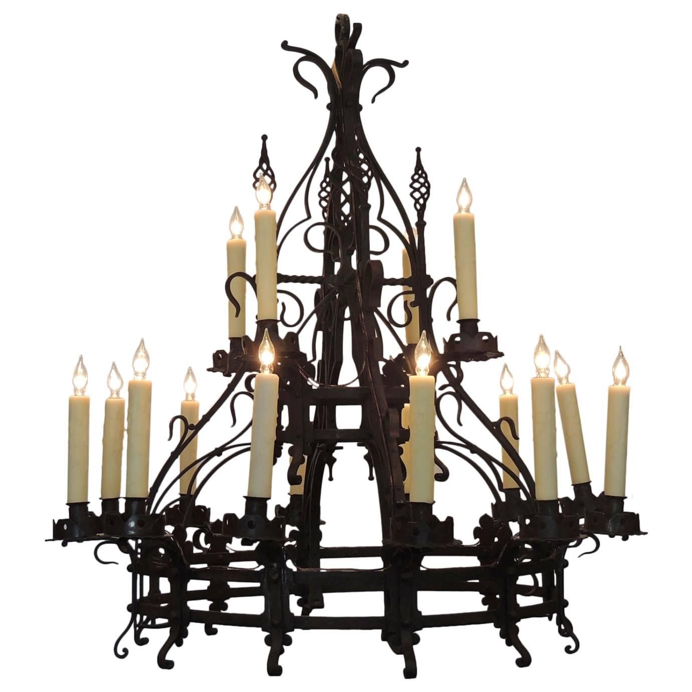Late 19th C French Gothic Wrought Iron Chandelier