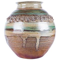 Raku Vessel by Phil Mundt, Hearth Tones and Green Blue, Faces Crown Detail, 1970 2