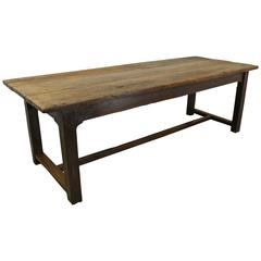 Long Chunky Antique French Beechwood Refectory Table, Oak Base