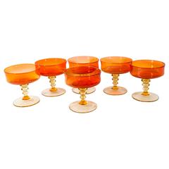 Vintage Set of Handblown Orange with Amber Stem Champagne Coupe