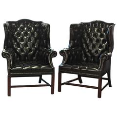 Pair of English Black Leather Wing Chairs