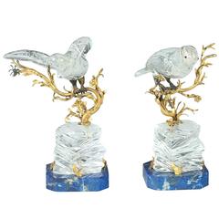 Pair Rock Crystals Lapis Lazuli and Gilt Silver Figures of Birds