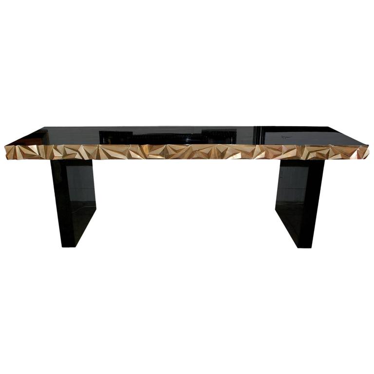 Great "Sculptural" Brass and Black Lacquered Console Table For Sale at