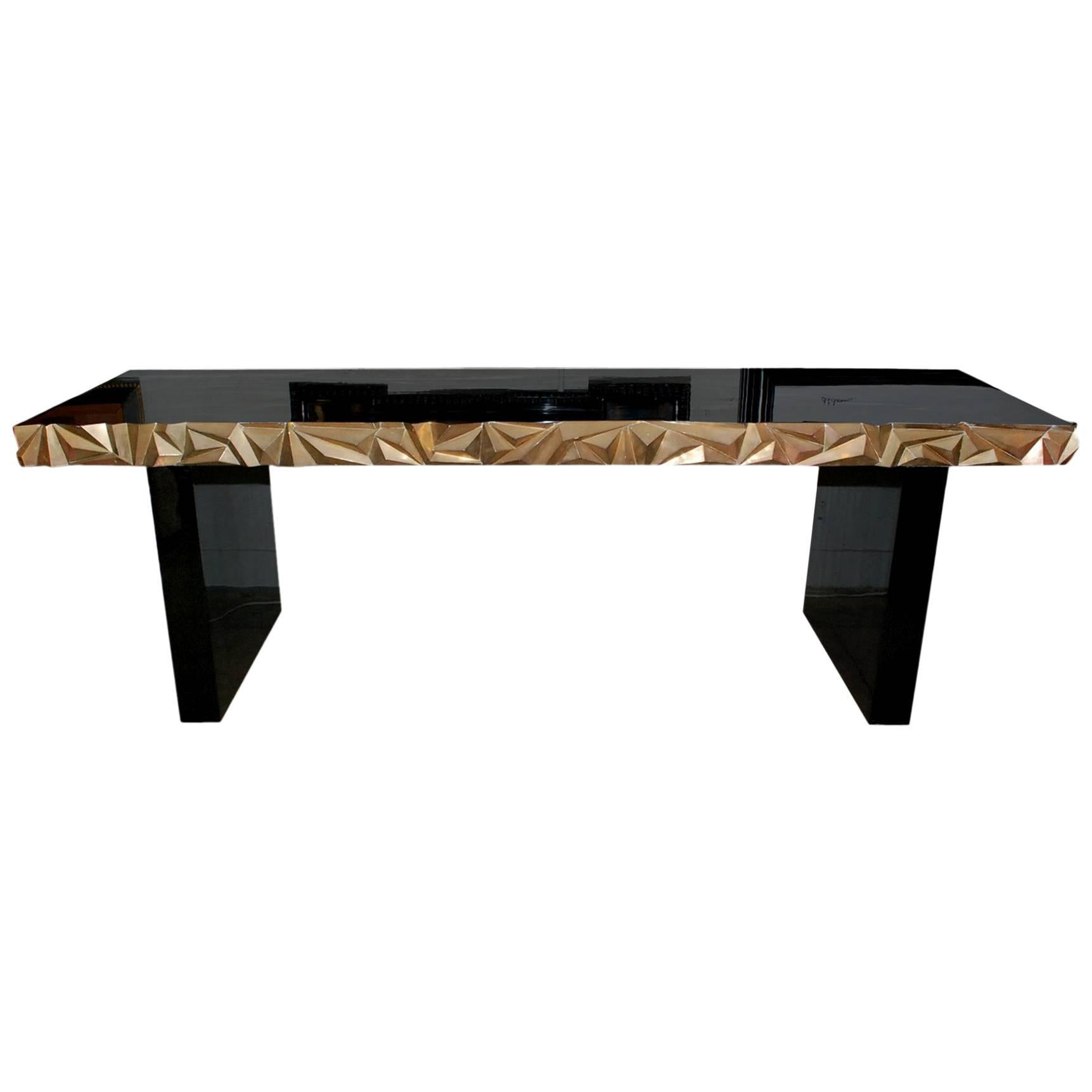 Jet Black Lacquer and Brass Swan Console Table, 1970s at 1stDibs