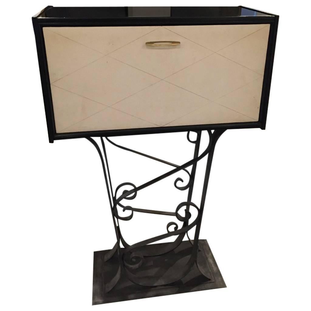 French Art Deco Parchment Dry Bar With Black Lacquered Iron Base 