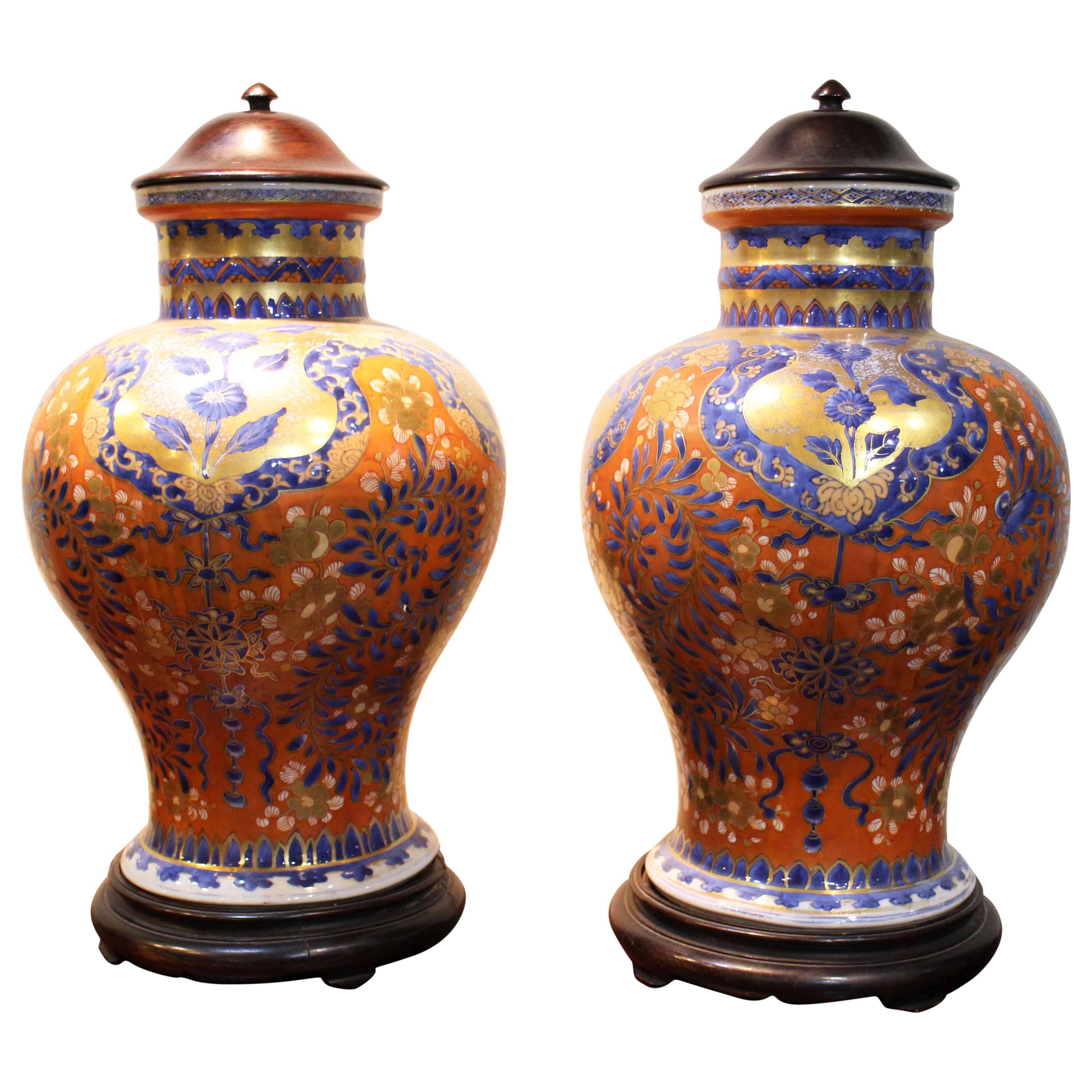 Pair of Antique Chinese 'Clobbered' Kang Hsi Period Vases, Covers and Bases For Sale