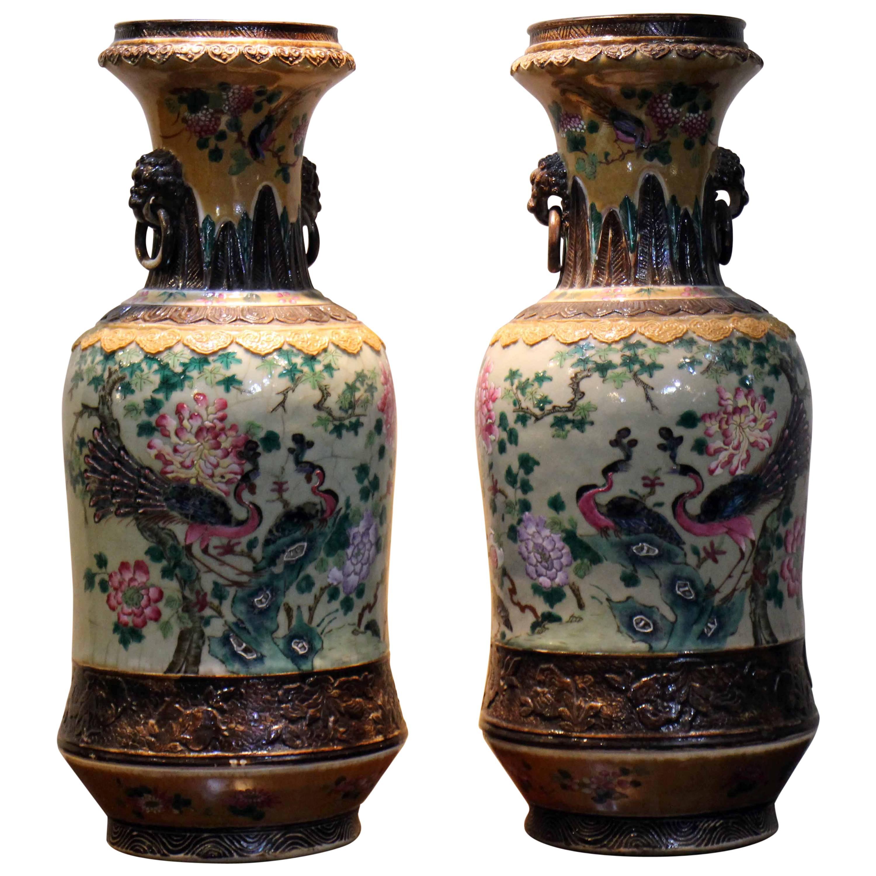 Pair of Antique Chinese Famille Rose Crackleware Vases For Sale
