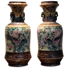 Pair of Antique Chinese Famille Rose Crackleware Vases