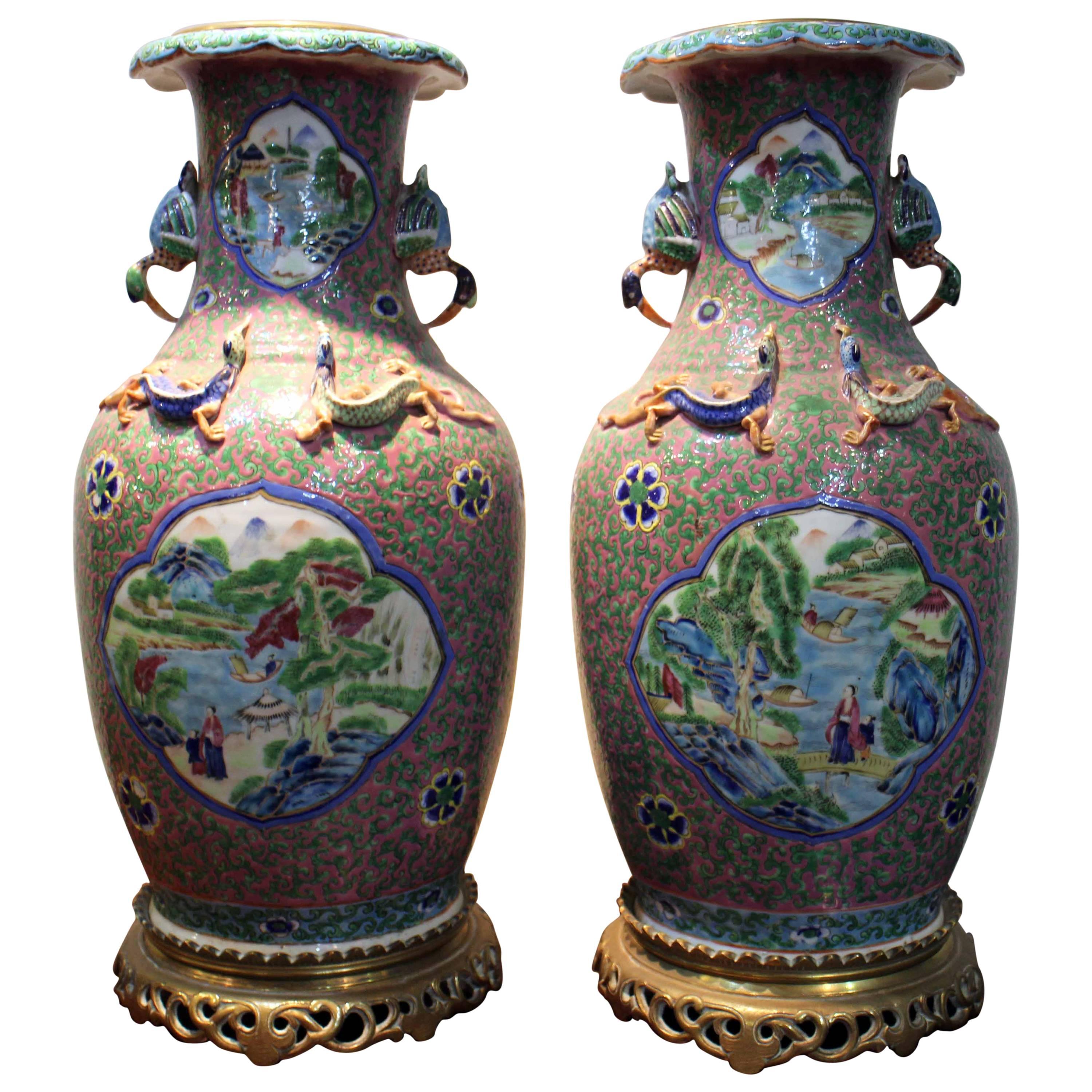 Pair of Antique Chinese Famille Verte Vases with Ormolu Bases For Sale