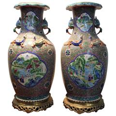 Pair of Antique Chinese Famille Verte Vases with Ormolu Bases