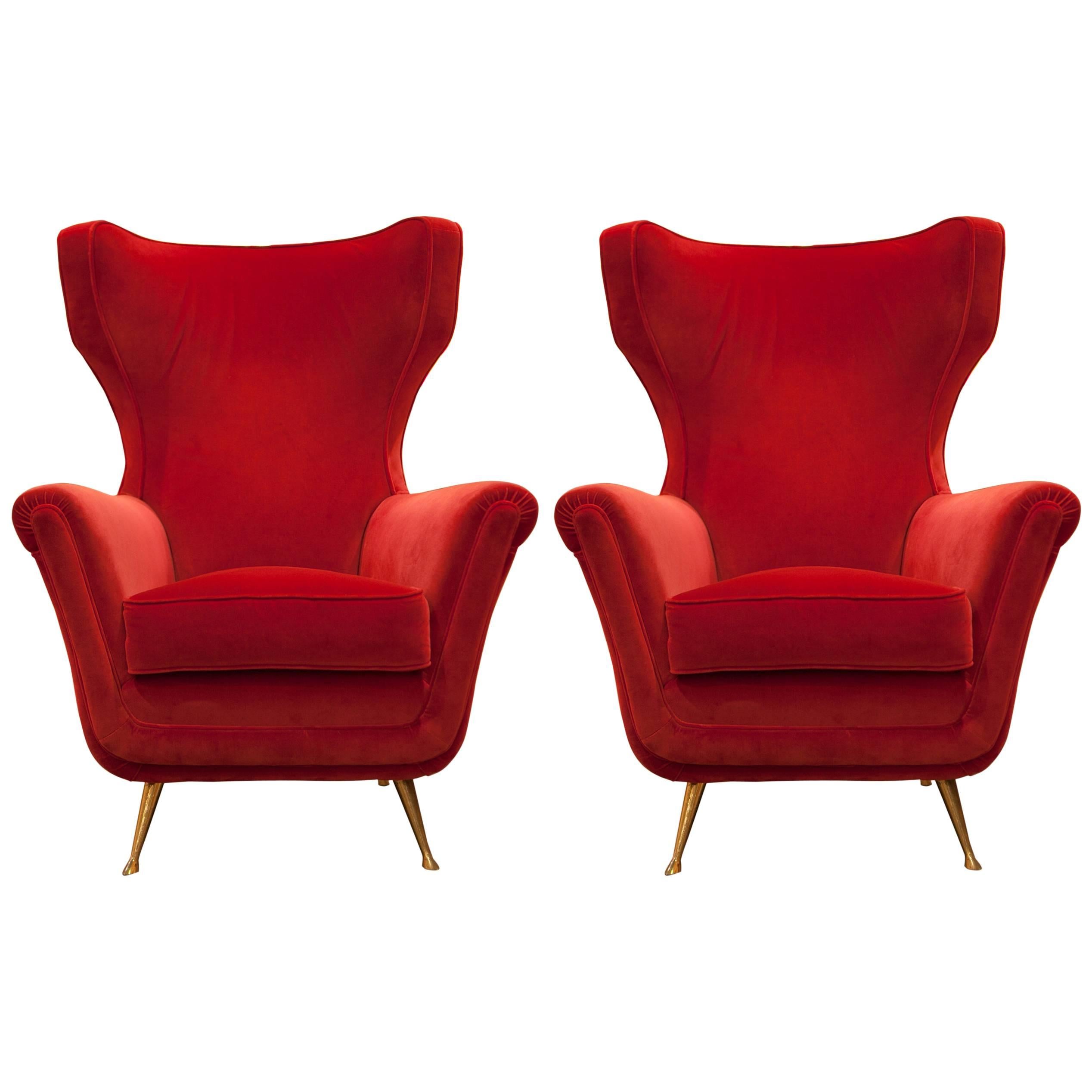 1960s Mid-Century Modern Red Italian Lounge Chairs in Velvet, Set of Two For Sale