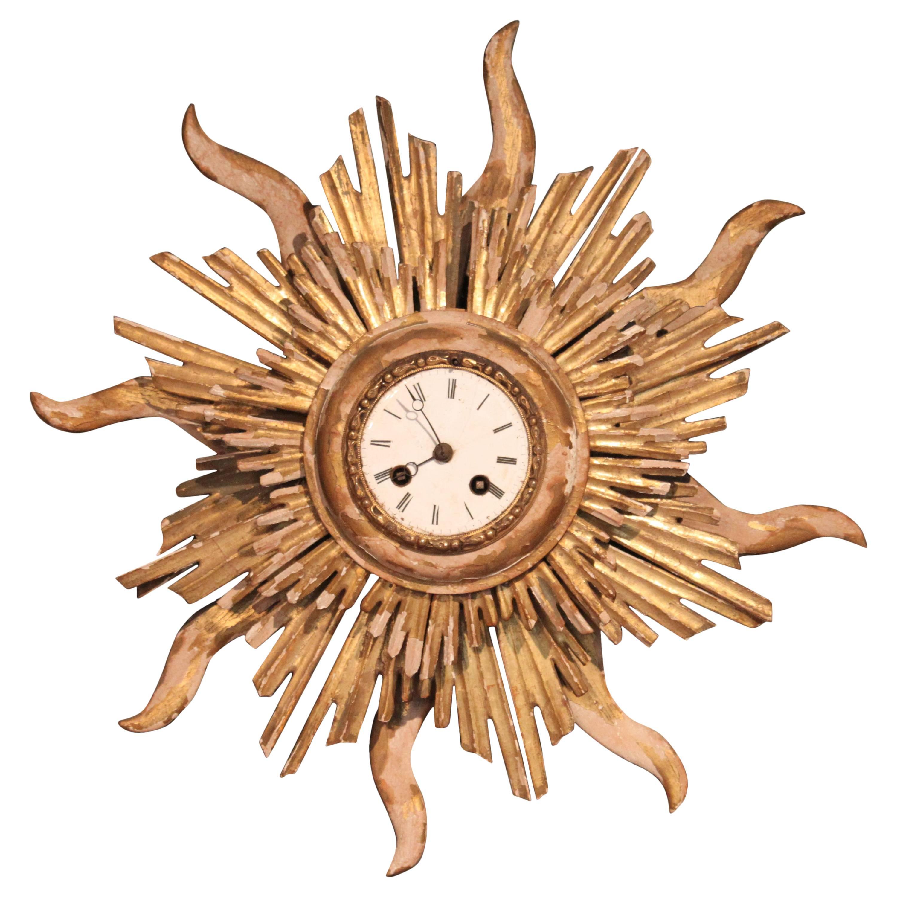 Late 18th or Early 19th Century Giltwood French Sunburst Clock For Sale