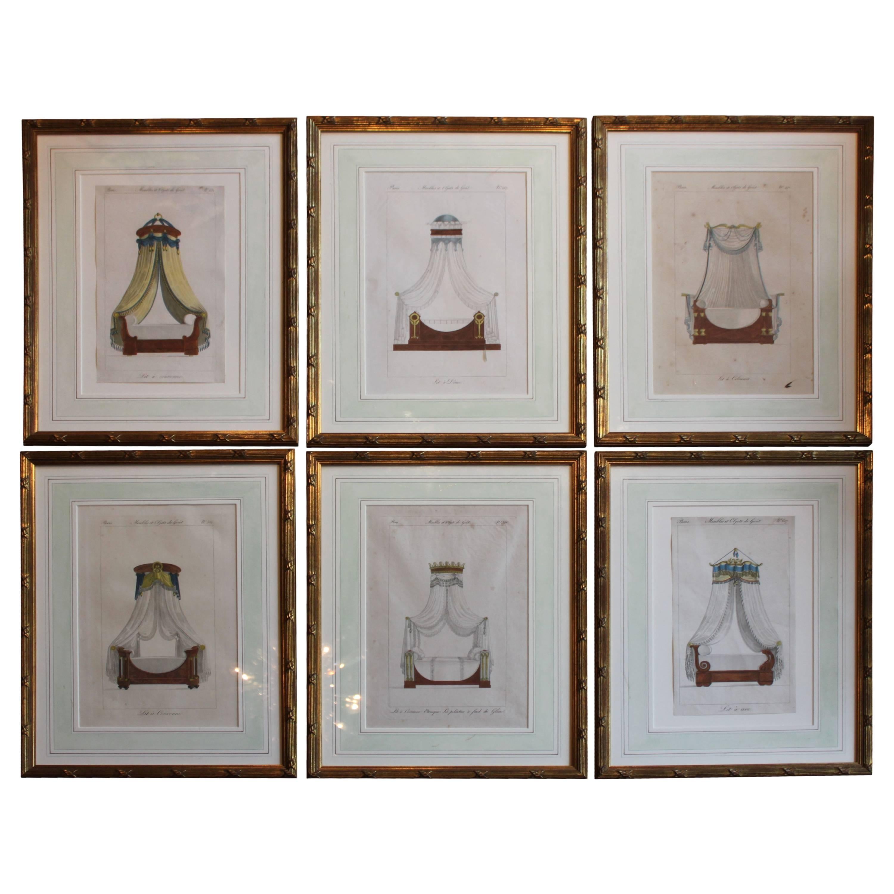 Set of Six French Framed Hand-Colored Engravings of Beds or Lits, circa 1818 For Sale