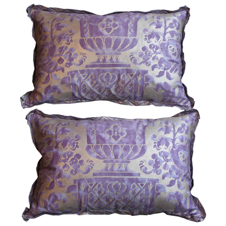 Pair of Custom Down Feather Pillows in Purple and Silvery Gold Fortuny
