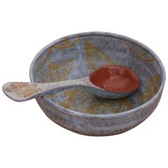 Unique French Ceramic Serving Bowl with Spoon from the 1950s by Paul Artus