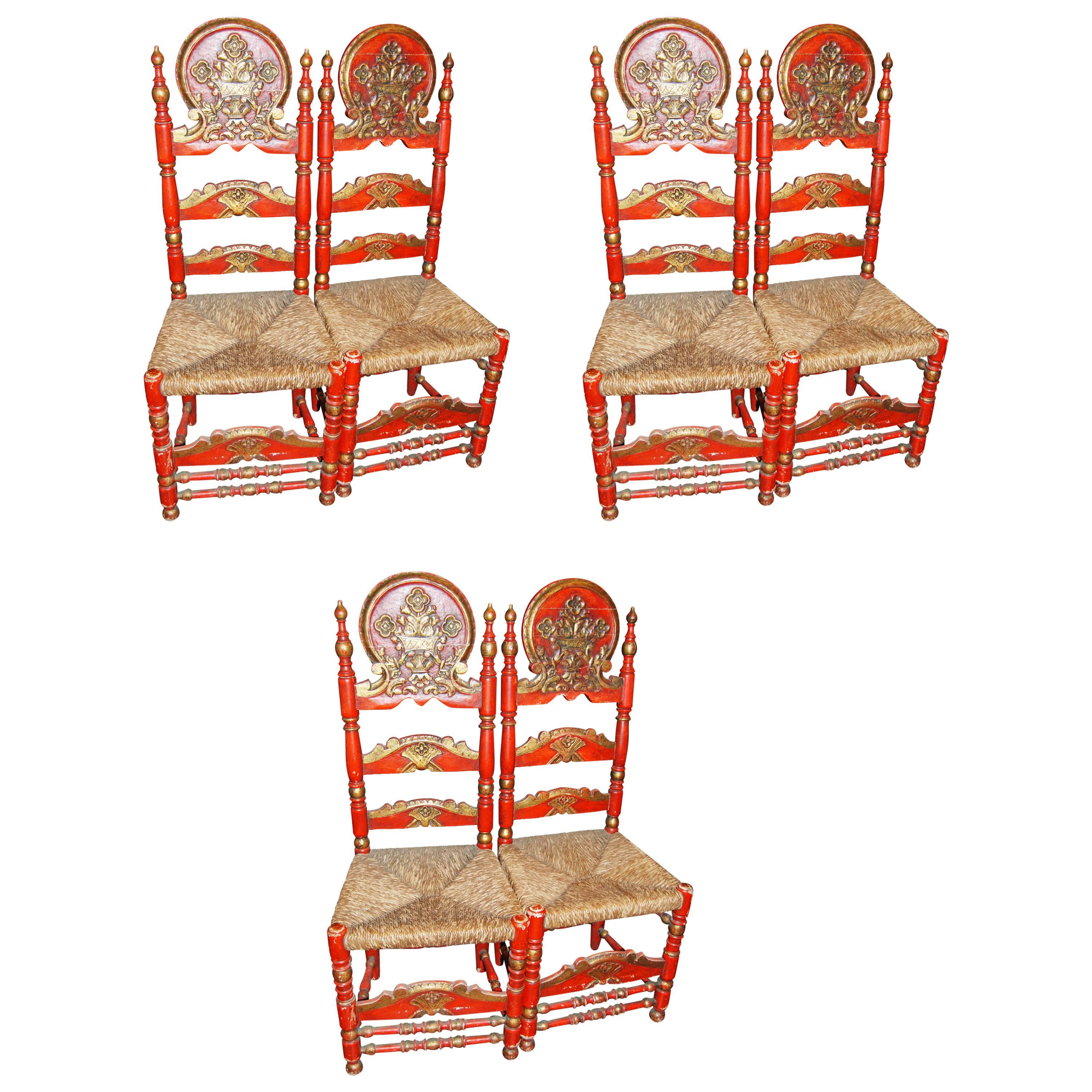 Set aus sechs spanischen bemalten Stühlen im Angebot