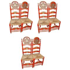 Antique Set of Six Spanish Painted Chair