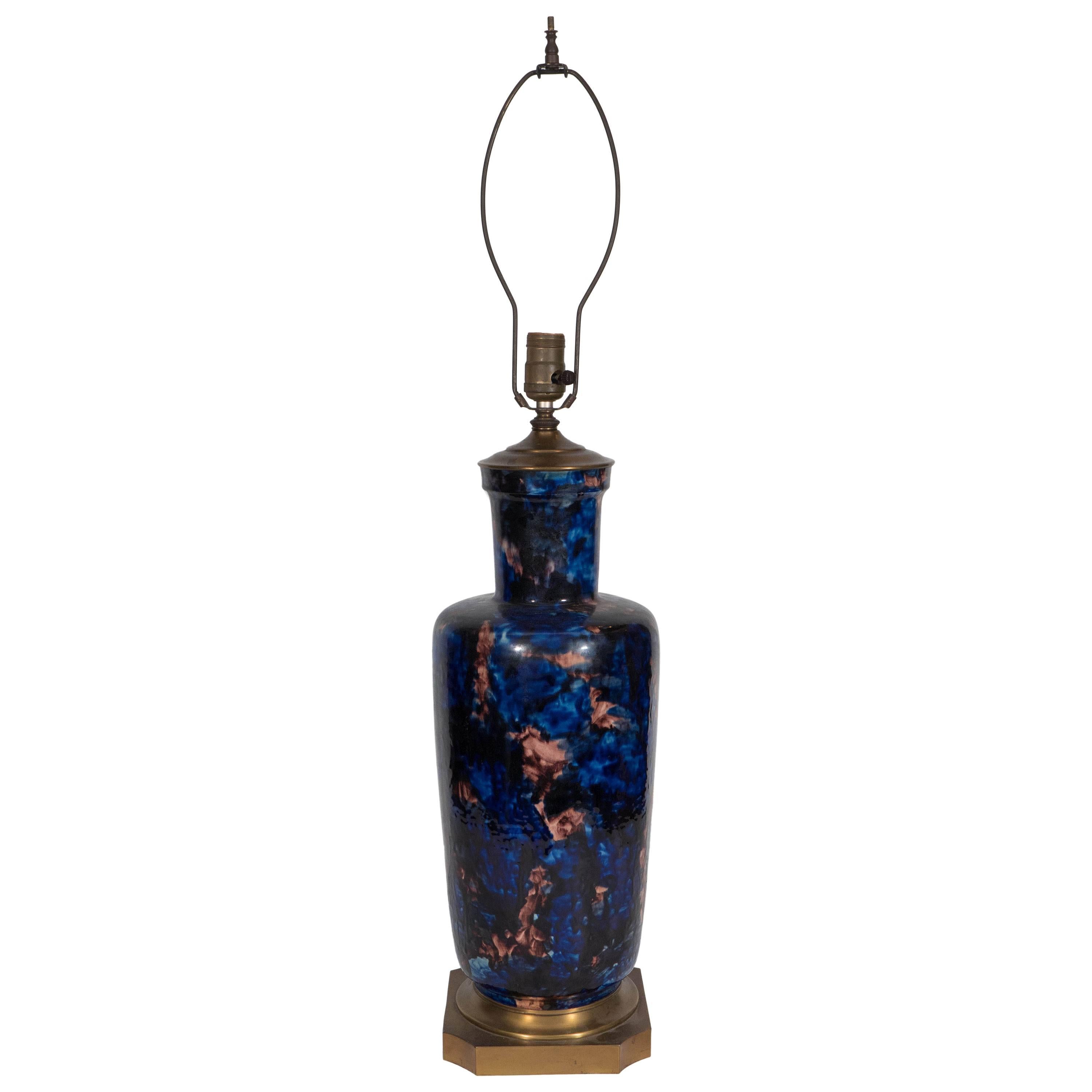 Midcentury Hand-Painted Ceramic Vase Lamp in Cobalt and Mauve