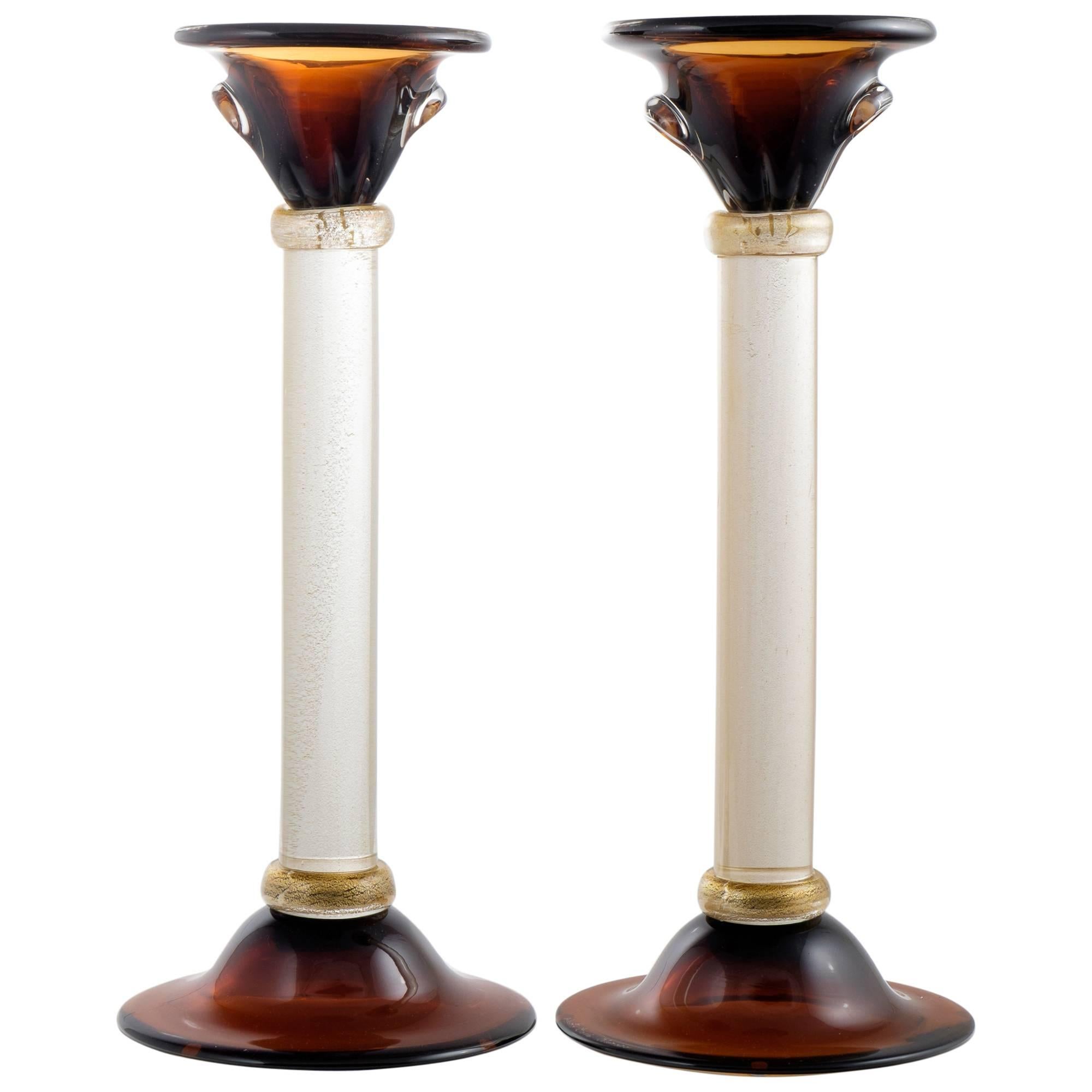 Murano Amber and "Avventurina" Glass Pair of Candlesticks For Sale