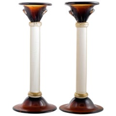 Retro Murano Amber and "Avventurina" Glass Pair of Candlesticks