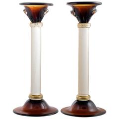 Murano Amber and "Avventurina" Glass Pair of Candlesticks 6