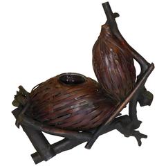  Woven Gourd Form Ikebana Basket on Rootwood Stand Style of Taisho Period