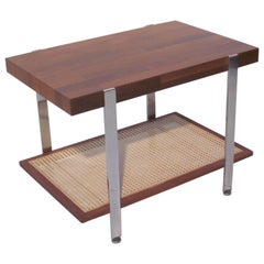 Milo Baughman Styled Walnut, Chrome and Caned Side / End Table 