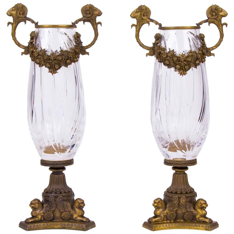 Pair of Bronze Mounted Crystal Vase with Rams Head Handles, circa 1930 For Sale at 1stDibs