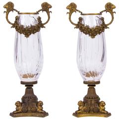 Pair of Bronze Mounted Crystal Vase with Rams Head Handles, circa 1930