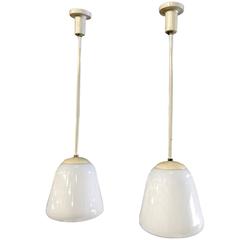 Vintage Pair of W. H. Gispen Glass, Emaille Pendant Lamps, Netherlands, 1930-1940