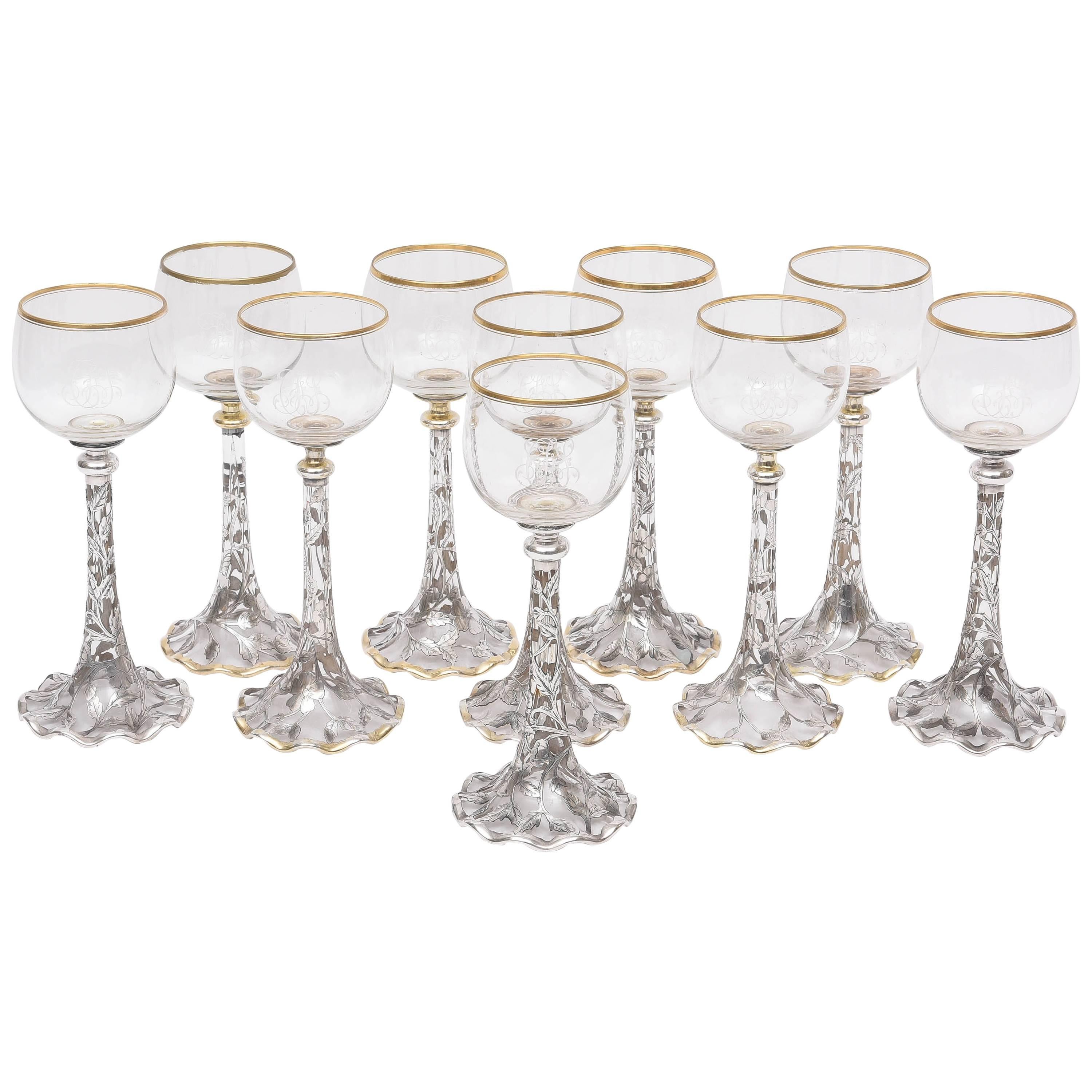 10 Exquisite Sterling Overlay and Crystal Goblets, Gorham
